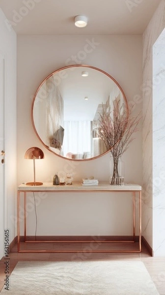 Obraz Chic Entryway Console with Round Mirror and Copper Accents Creating a Warm and Inviting Atmosphere