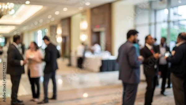 Fototapeta Indian corporate reception hall with blurred professionals — elegant business networking moment
