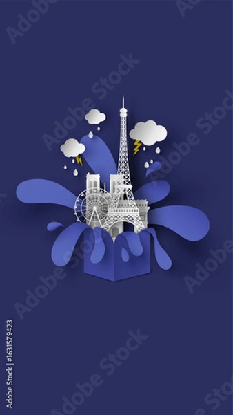 Obraz Scenery of rainy season with the world famous architecture in Paris, France. Rainy season in Paris. paper cut and craft style. vector, illustration.