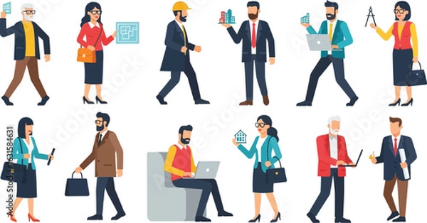 Fototapeta Flat vector illustration of diverse professional people in various occupations and activities