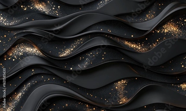 Fototapeta Abstract black waves with golden glitter dust background texture art design
