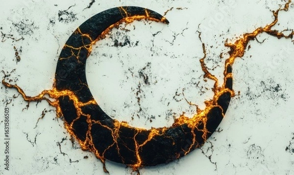 Fototapeta Abstract crescent shape with golden cracks on marble textured background