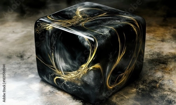 Fototapeta Abstract cube with gold swirls and dark background design texture