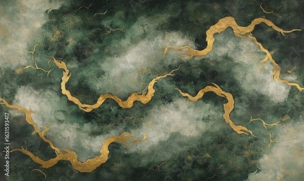 Fototapeta Abstract gold veins flowing through dark green textured background art