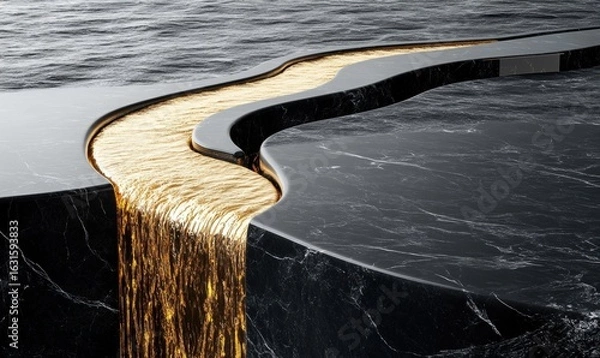 Fototapeta Abstract golden liquid cascade over dark stone background texture design