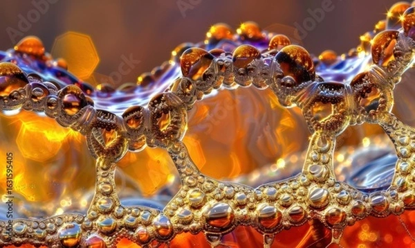 Fototapeta Abstract macro photograph of bubbles with golden reflection and intricate patterns