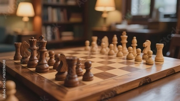 Obraz A wooden chess set arranged on a checkered board in a cozy room setting