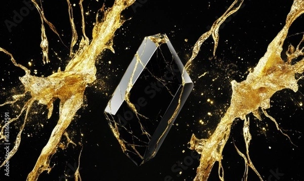 Fototapeta Black and gold crystal with splash background for premium design or ads