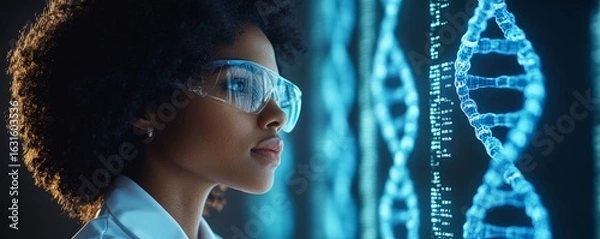 Obraz Side profile of a Black female data scientist analyzing information on screen using AI and machine learning to extract strategic predictions for business and finance, Generative AI