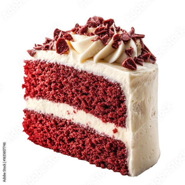 Fototapeta Delicious red velvet cake slice with cream cheese frosting and chocolate shavings, perfect for dessert menus and bakery promotions on transparent background