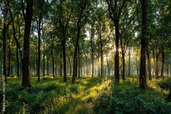 Fototapeta Sunlight streams through a dense forest