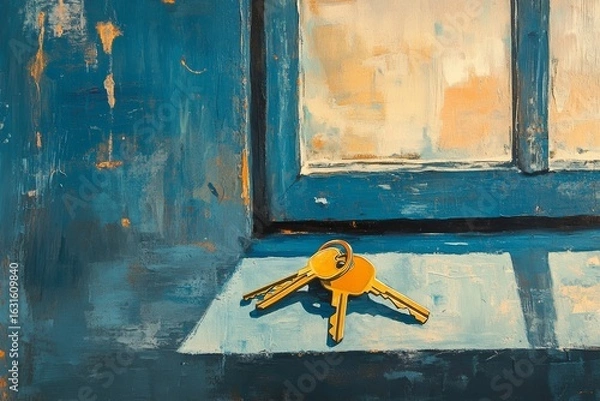 Obraz Keys placed on a table in a new apartment or hotel room, representing the concept of new beginnings, homeownership, or travel, Generative AI