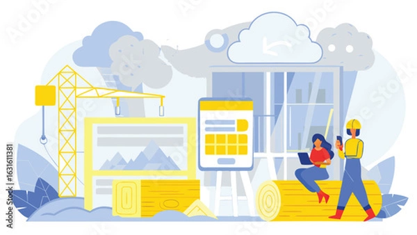 Fototapeta Illustration of construction site with workers crane clouds and digital devices in light blue and yellow