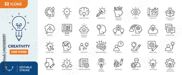 Obraz Creativity line editable icon set. Containing Creative,  idea, design, imagination, innovation, inspiration, originality, and more. Editable stroke. Vector illustration