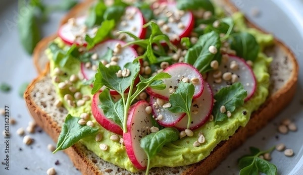 Fototapeta Radish and arugula avocado toast on whole grain bread with a sprinkle of seeds.