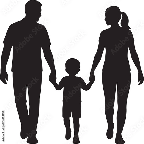 Obraz A family of three walking hand in hand, silhouette, minimal black vector, white background