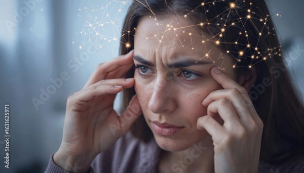 Fototapeta Woman with brown hair rests hand on temple, gripping pen in other hand. Head tilted, pen lines on fingers. Soft light filters in through window with blinds, casting shadows.