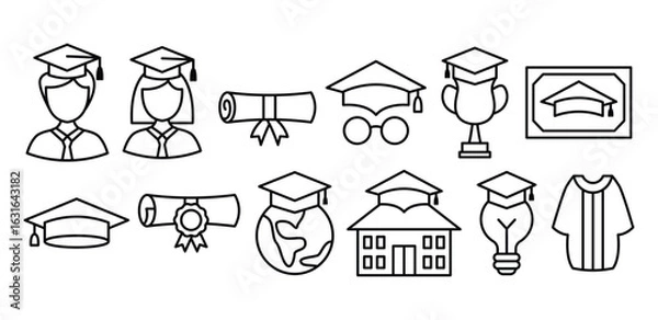 Fototapeta Graduation School Line Icon Black and White Color, Education, Award, Diploma, Learning, College, Student, Academic, Degree, Symbol Vector Design Illustration Set