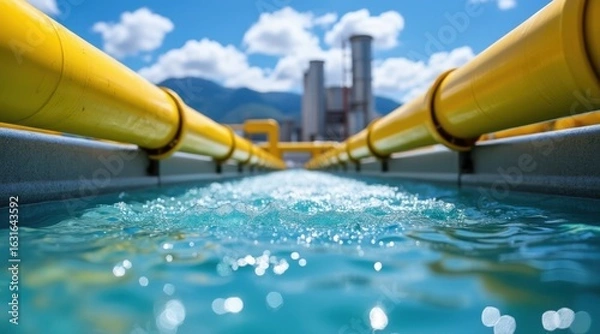 Fototapeta Industrial water flowing through pipelines towards factory buildings
