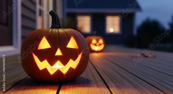 Fototapeta Photo of two glowing jackolanterns sit on a wooden porch creating a spooky halloween atmosphere at night
