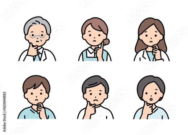 Obraz 悩んでいる医療従事者・福祉の人物の上半身イラストセット