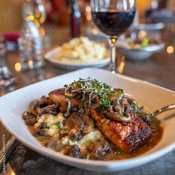 Fototapeta Pan- Seared Salmon with Creamy Mushroom Sauce and Mashed Potatoes pan-seared salmon fish
