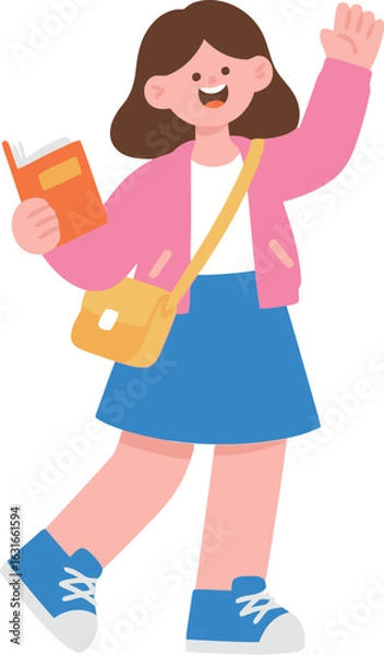 Fototapeta A happy and energetic cartoon girl waving, carrying a book and a shoulder bag, representing a student, education, and back to school themes.