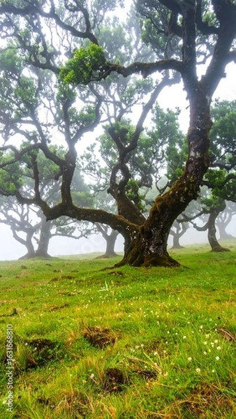 Fototapeta Misty forest with ancient trees