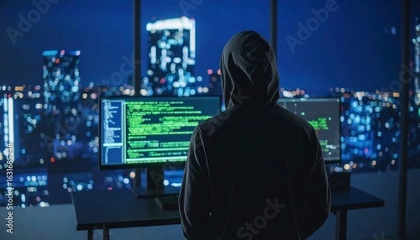 Fototapeta Hooded Figure Hacking into System with City View at Night