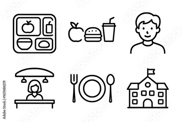 Obraz Black and white school lunch icons set featuring food and students