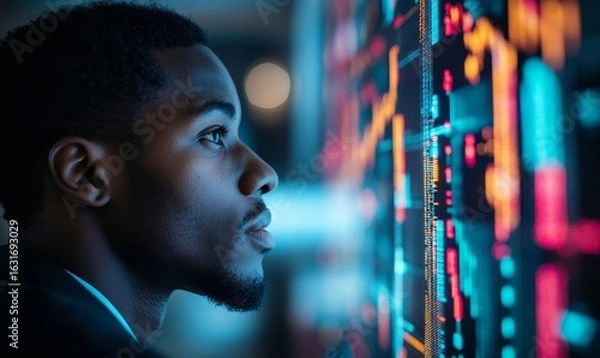 Obraz Side profile of a Black female medical scientist examining artificial intelligence in DNA double helix research in a genetic engineering lab. Innovation in healthcare and biotechnology, Generative AI