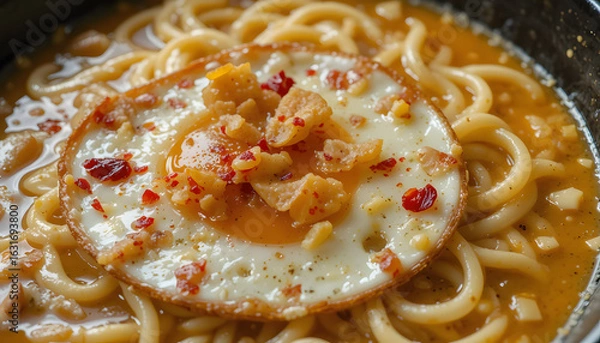 Fototapeta Creamy Garlic Butter Ramen with Jammy Egg, Garlic Chips, and Red Pepper Flakes – Close-Up Comfort Food