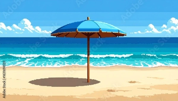 Fototapeta Pixel art sunny tropical beach scene with a colorful parasol and chairs for the perfect relaxing seaside vacation