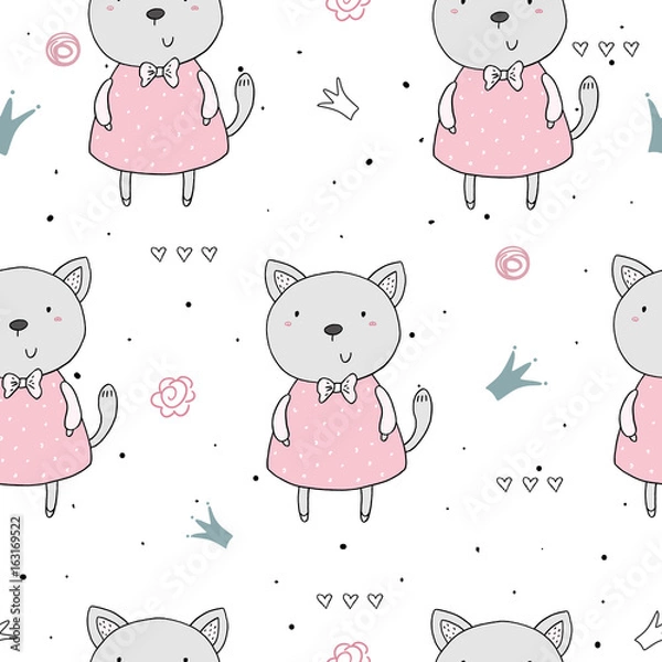 Fototapeta Seamless pattern with cute little cat. vector illustration