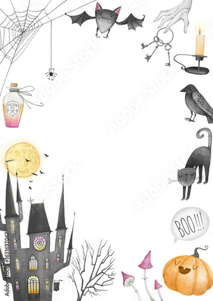 Fototapeta Rectangular halloween frame with castle, spider web, pumpkin, black cat and bat.