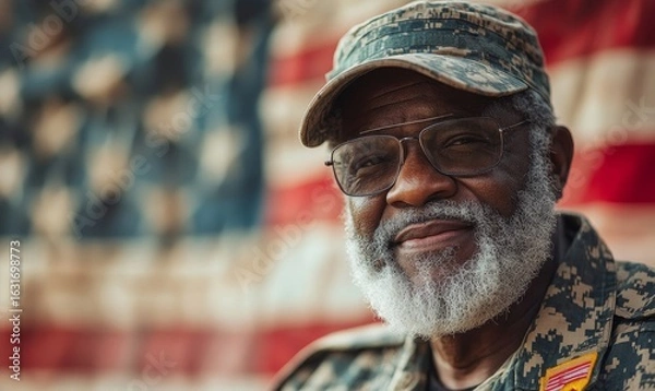 Obraz Senior African-American army veteran celebrating 4th of July Independence Day,  patriotism and military pride, Generative AI