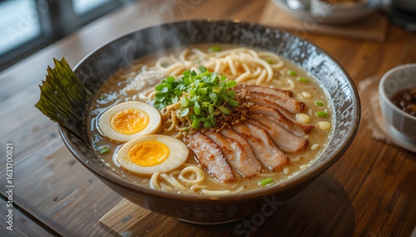 Fototapeta Delicious Bowl of Traditional Japanese Ramen with Egg, Seaweed, and Broth on Wooden Table – Authentic Asian Cuisine Food Illustration
