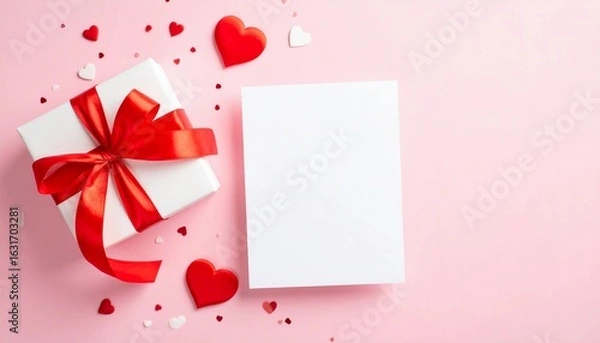Fototapeta Valentine's Day concept with a white gift box, red ribbon, and a blank greeting card mockup on a pink background. Top view flat lay with copy space.