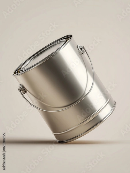 Fototapeta A stylized metallic paint can, tilted diagonally, with a clean and smooth surface, no logo or labels. The can has a wide cylindrical body, straight flat lid, and small metallic side handles