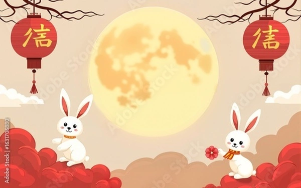 Fototapeta Greeting card set for Mid-autumn festival flat design. Full moon, rabbits and clouds with lettering. Chinese Translation: Mid-autumn festival and August 15th. High quality