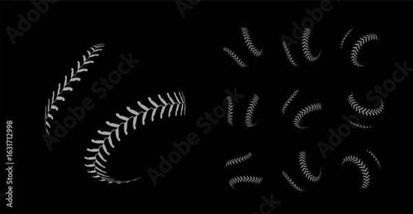 Fototapeta A set of baseball seam illustrations on a black background, ideal for sports designs. Vector illustration on black