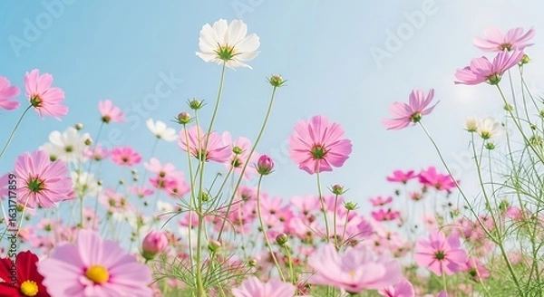 Obraz A field of colorful cosmos flowers against a light blue sky.