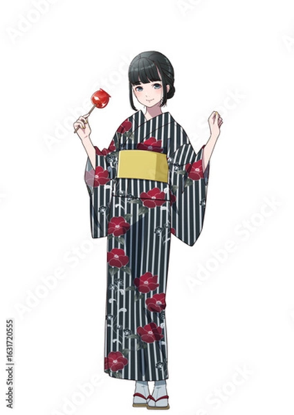 Fototapeta りんご飴を持って浴衣を着用しお祭りを楽しむ女性
