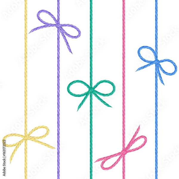 Obraz Vector set of colored linen string bows. Cute ribbons from hand drawn realistic flax cord colored in pink, purple, blue, green, yellow;