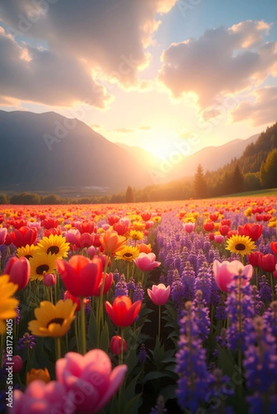 Obraz A vibrant field of colorful tulips and wildflowers blooming in a mountain valley during a spectacular golden sunset.