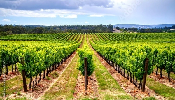 Fototapeta Lush vineyard rows under a cloudy sky