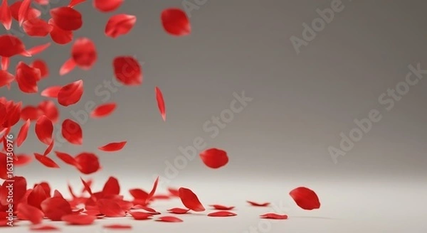 Obraz Falling red rose petals against soft gray background