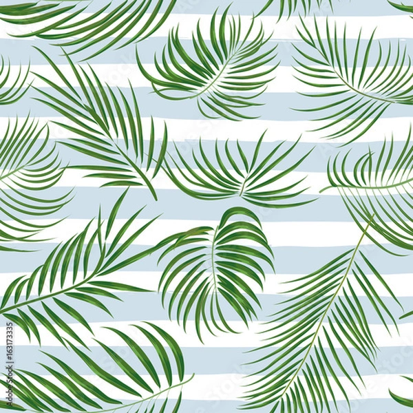 Fototapeta Seamless hand drawn tropical pattern with palm leaves, jungle exotic leaf on white background