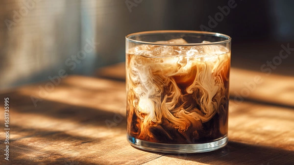 Fototapeta One Glass of Iced Coffee with Cream Stirring Inside Set on Polished Wooden Desk in Soft Ambient Light for Coffee Branding