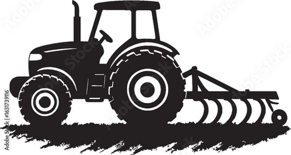 Fototapeta Black and White Silhouette of Tractor with Cultivator in Action on Isolated White Background
